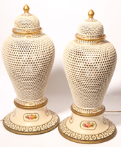 Pair of Reticulated Porcelain Urns