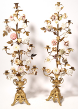 Large Pair of Brass & Porcelain Victorian Candleabras