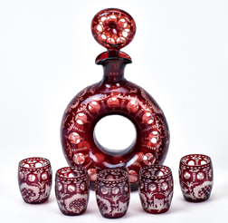Bohemian Ruby Cut to Clear Decanter & Cups