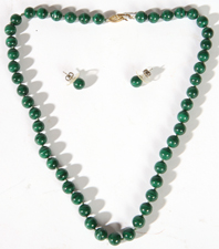 CHINESE MALACHITE BEADED NECKLACE & EARRINGS