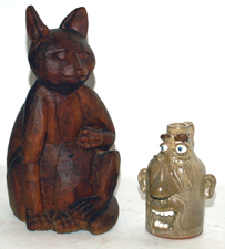 Wooden Folk Art Cat & Tony Hesey Face Jug
