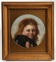 OIL PAINTING OF CHILD HOLDING DOG