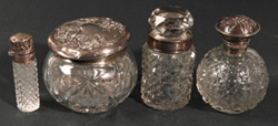 FOUR STERLING & CUT GLASS DRESSER JARS 