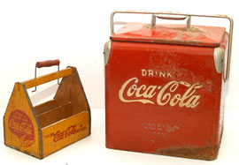 Small Coca-Cola Cooler & Wooden Carrier
