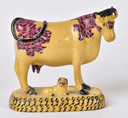 Eary Decorated Yellowware Cow with Dog