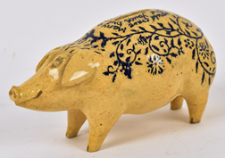 Folk Art Blue Decorated Yellowware Pig