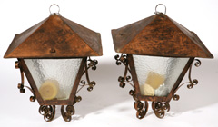 PR. ARTS & CRAFTS WROUGHT COPPER HANGING POST LAMPS 