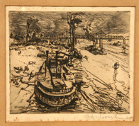 HERMAN HENRY WESSEL (OHIO/INDIANA) ETCHING OF CINTI. RIVERFRONT