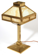 ARTS & CRAFTS BRASS & SLAG GLASS TABLE LAMP