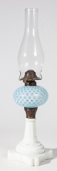 Blue Opalescent Coin-Spot Oil Lamp