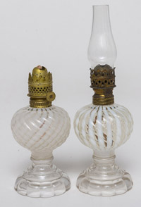 Two Opalescent Miniature Oil Lamps