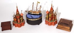 4 SMALL MUSIC BOXES & 1 FIGURAL BLDG.