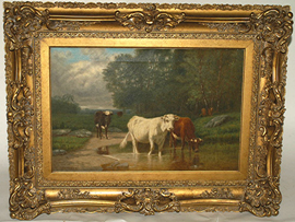 Folk Art Oil Painting of Cattle