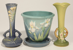 Roseville Iris Planter, Freesia & Apple Blossom Vases