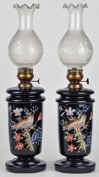 Pair Victorian Enamel Decorated Glass Oil Lamps
