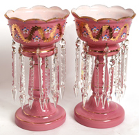 PAIR PINK VICTORIAN CASED GLASS LUSTRES