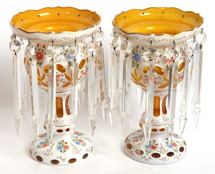 PAIR OF AMBER VICTORIAN CASE GLASS LUSTRES