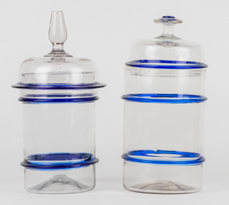 Two Blown Glass Storage Jars with Cobalt Rings