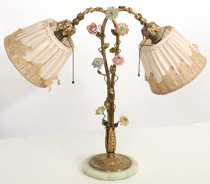 1920'S BRASS & ONYX W/PORC. FLOWER LAMP