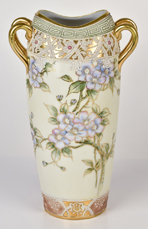 Nippon Vase with Flowers and Enamel Decoration