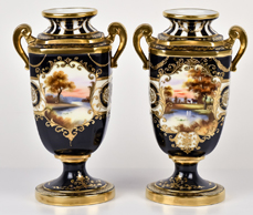 Pair of Nippon or Noritake Scenic Black  Bolted Vases